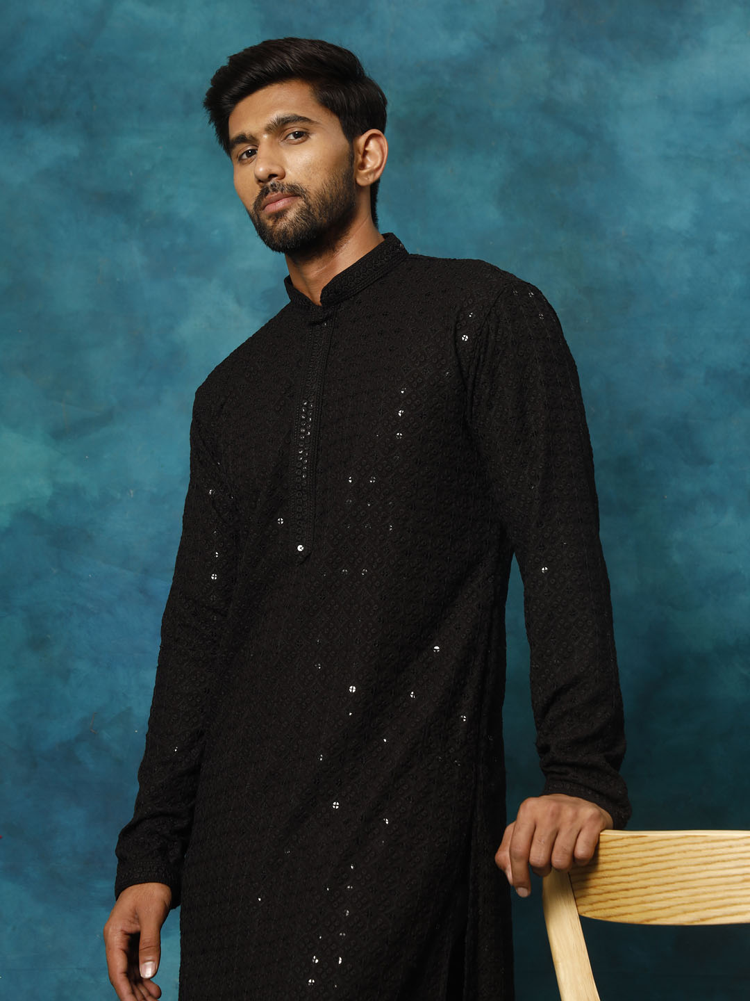 Men's Black And White Rayon Cotton Kurta Pyjama Set