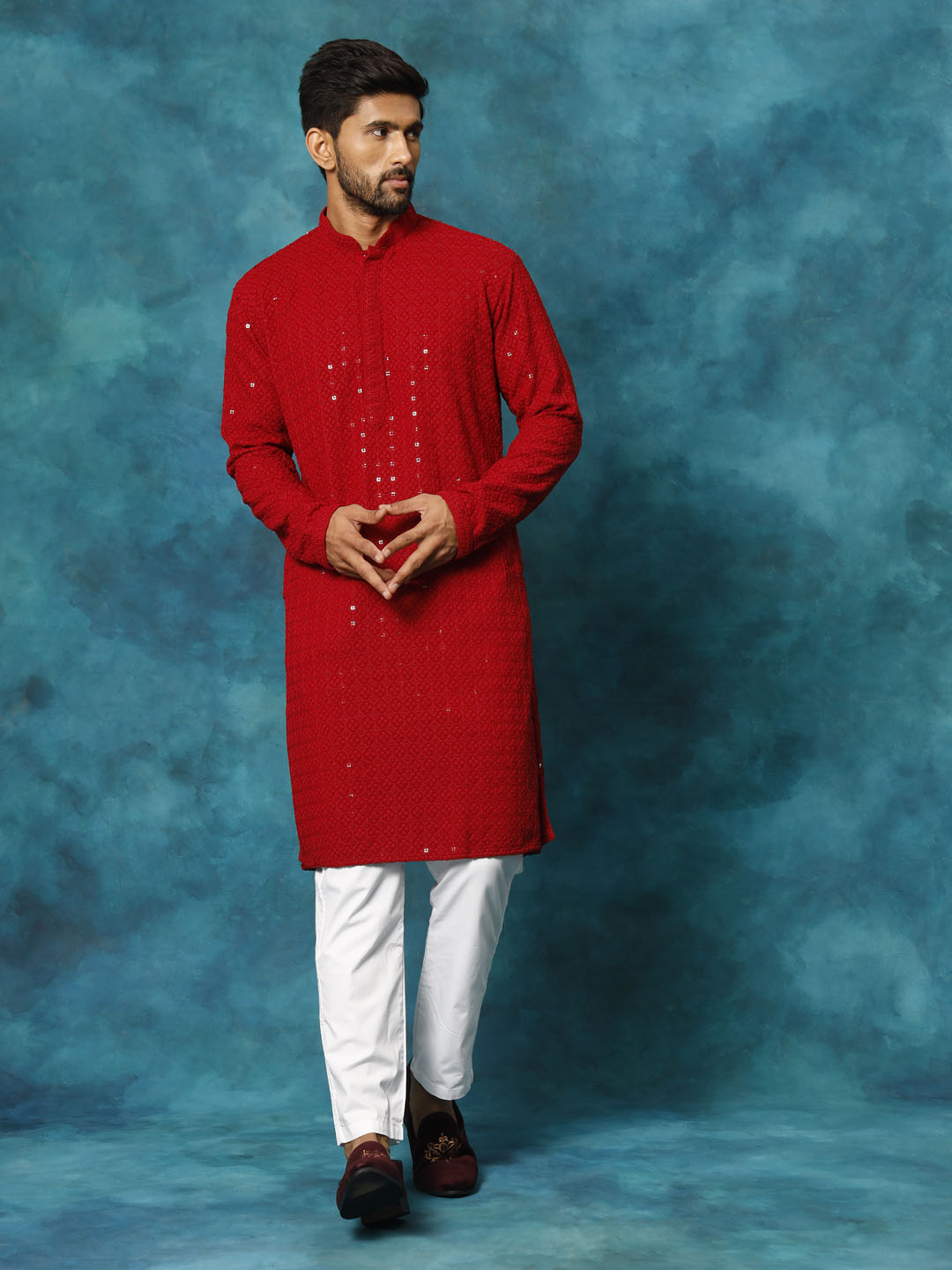 Men's Maroon And White Rayon Cotton Kurta Pyjama Set