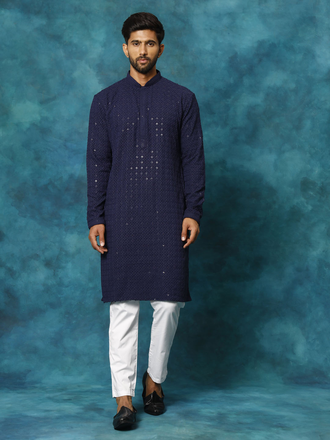 Men's Navy Blue And White Rayon Cotton Kurta Pyjama Set