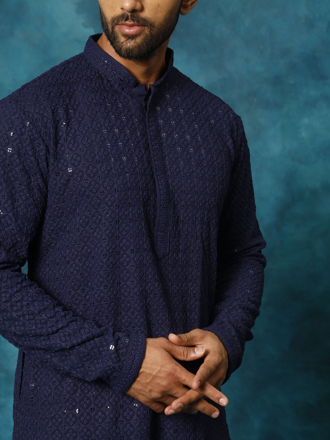 Men's Navy Blue And White Rayon Cotton Kurta Pyjama Set