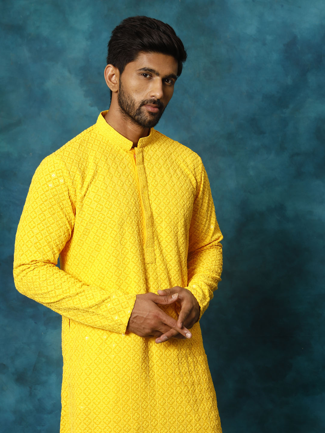 Men's Yellow And White Rayon Cotton Kurta Pyjama Set