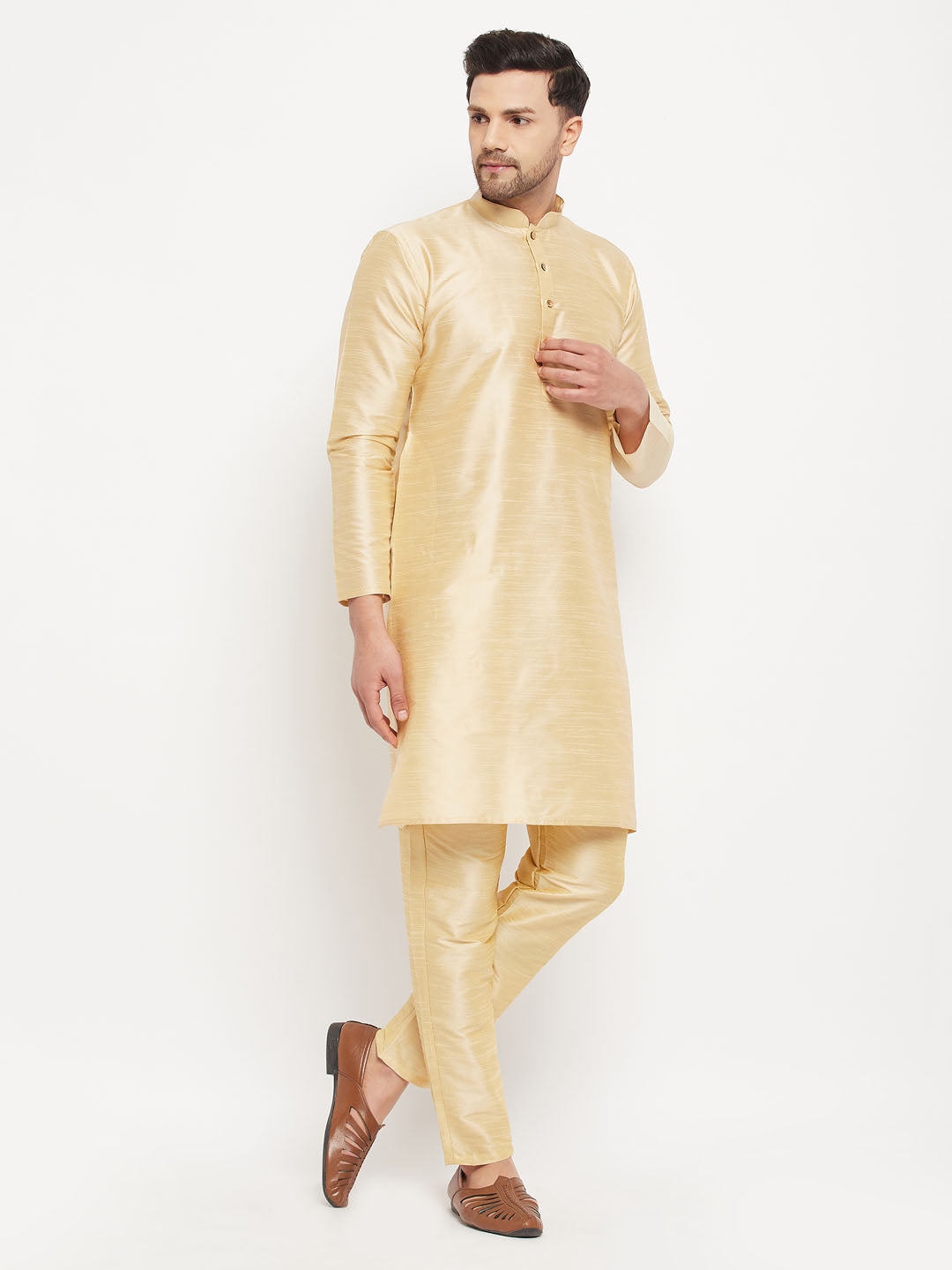 Men's Gold Silk Blend Kurta Pyjama Set