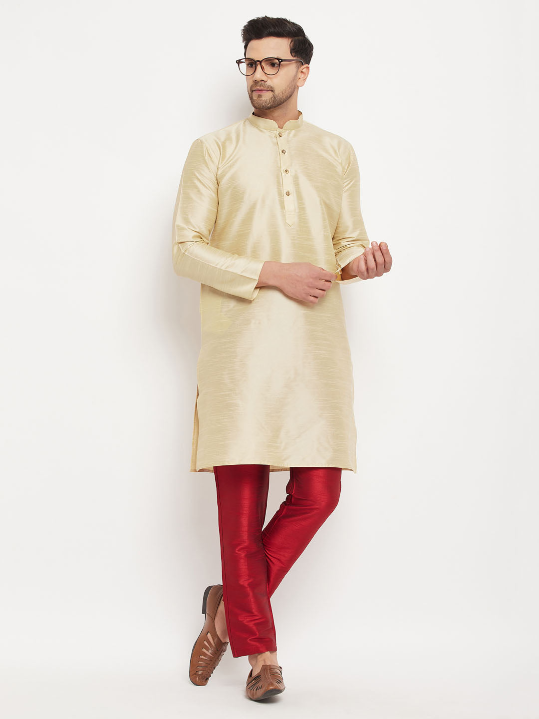 Men's Gold And Maroon Silk Blend Kurta Pyjama Set