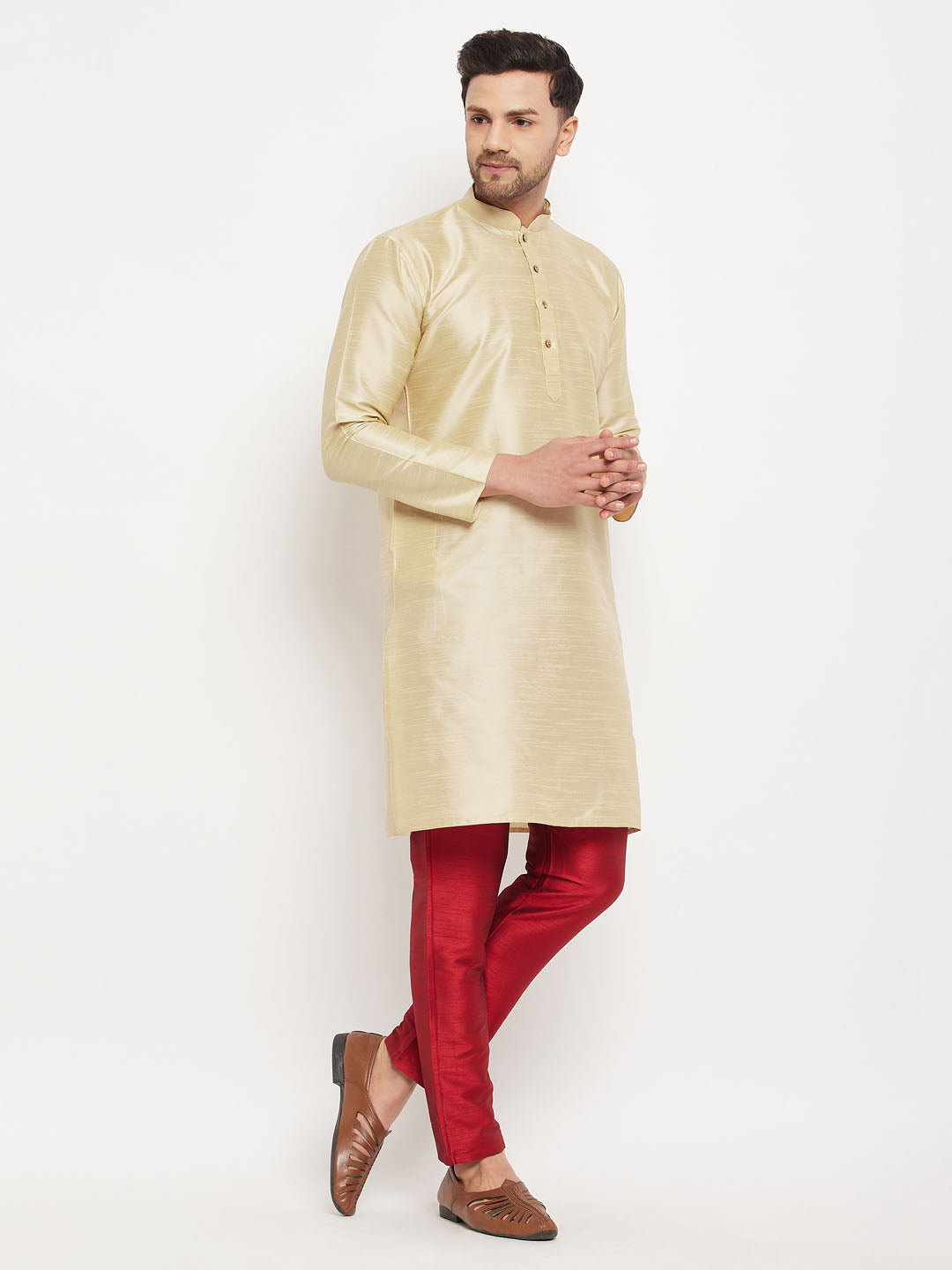 Men's Gold And Maroon Silk Blend Kurta Pyjama Set