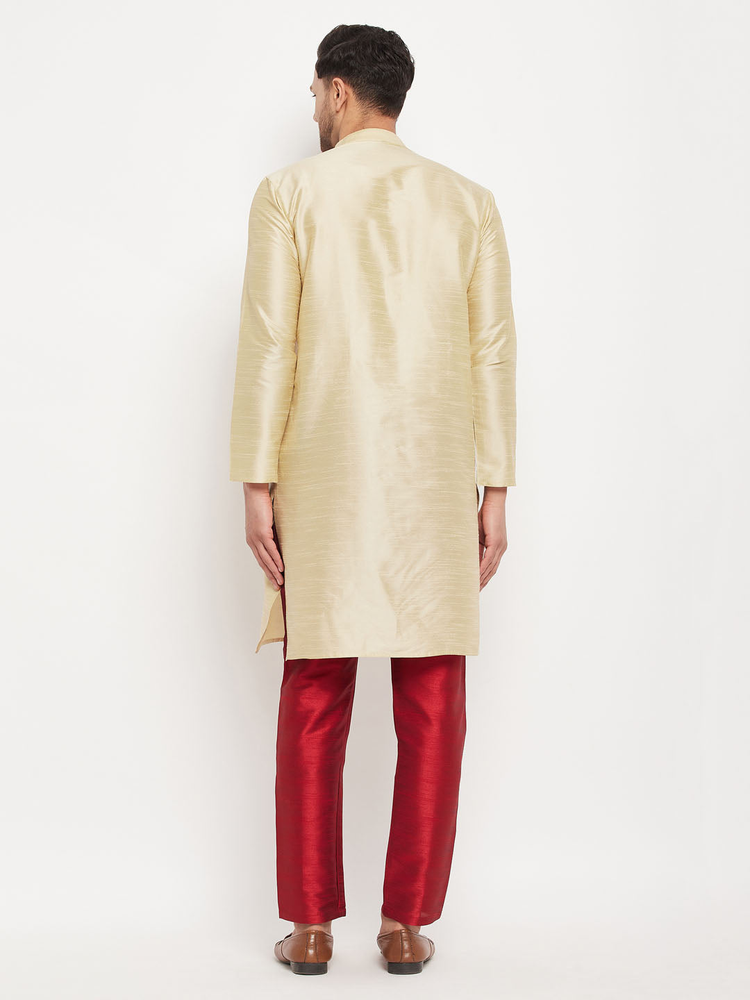 Men's Gold And Maroon Silk Blend Kurta Pyjama Set