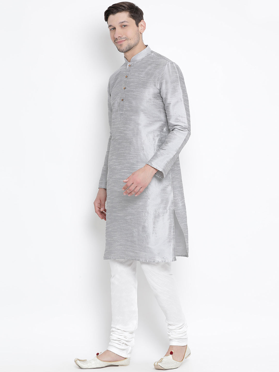 Men's Grey Silk Blend Kurta Pyjama Set