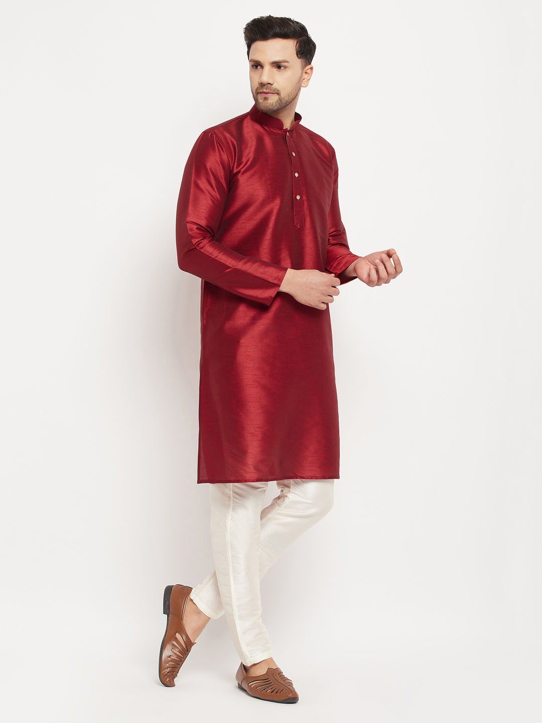 Men's Maroon And Cream Silk Blend Kurta Pyjama Set