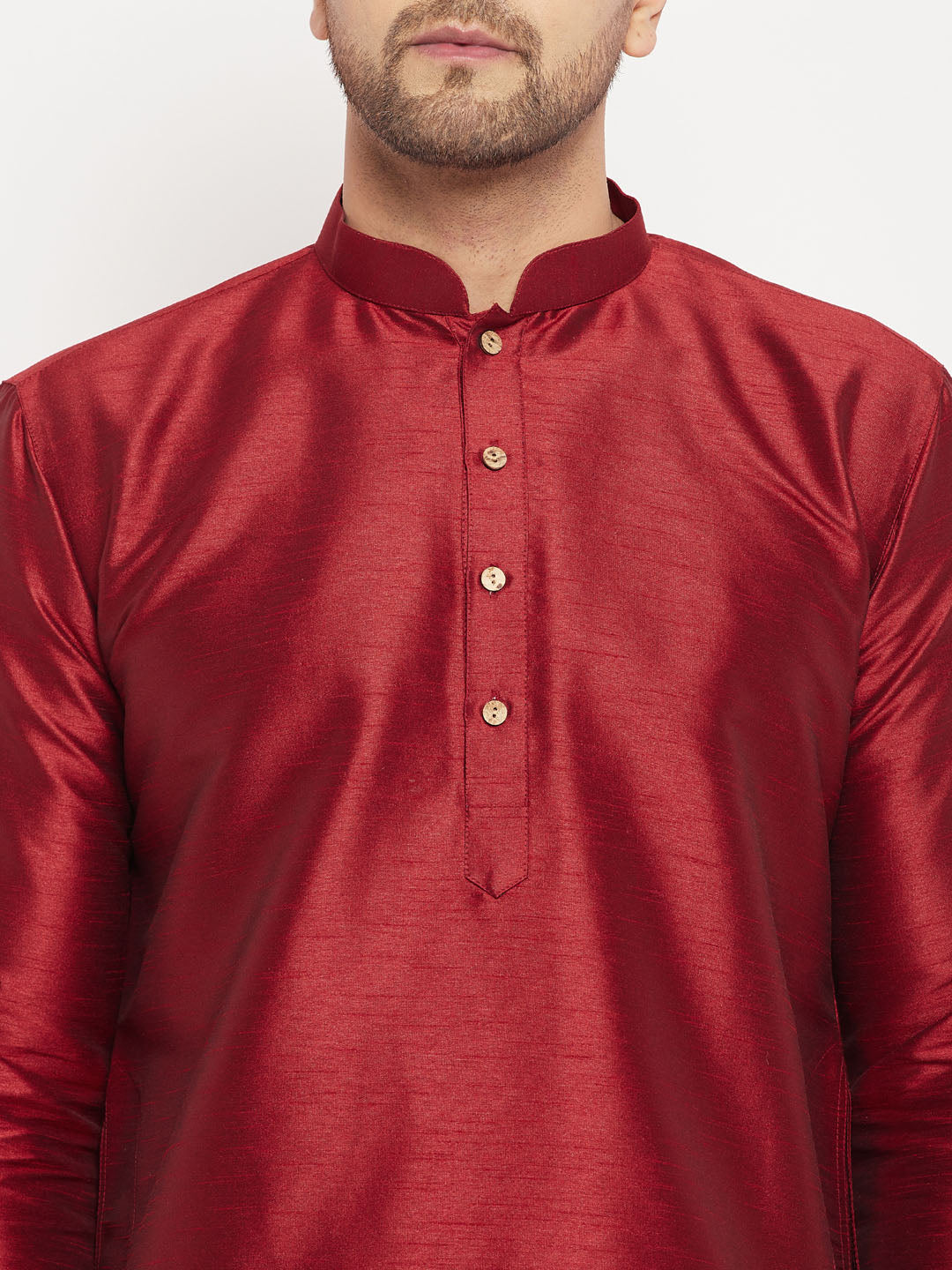 Men's Maroon And Cream Silk Blend Kurta Pyjama Set