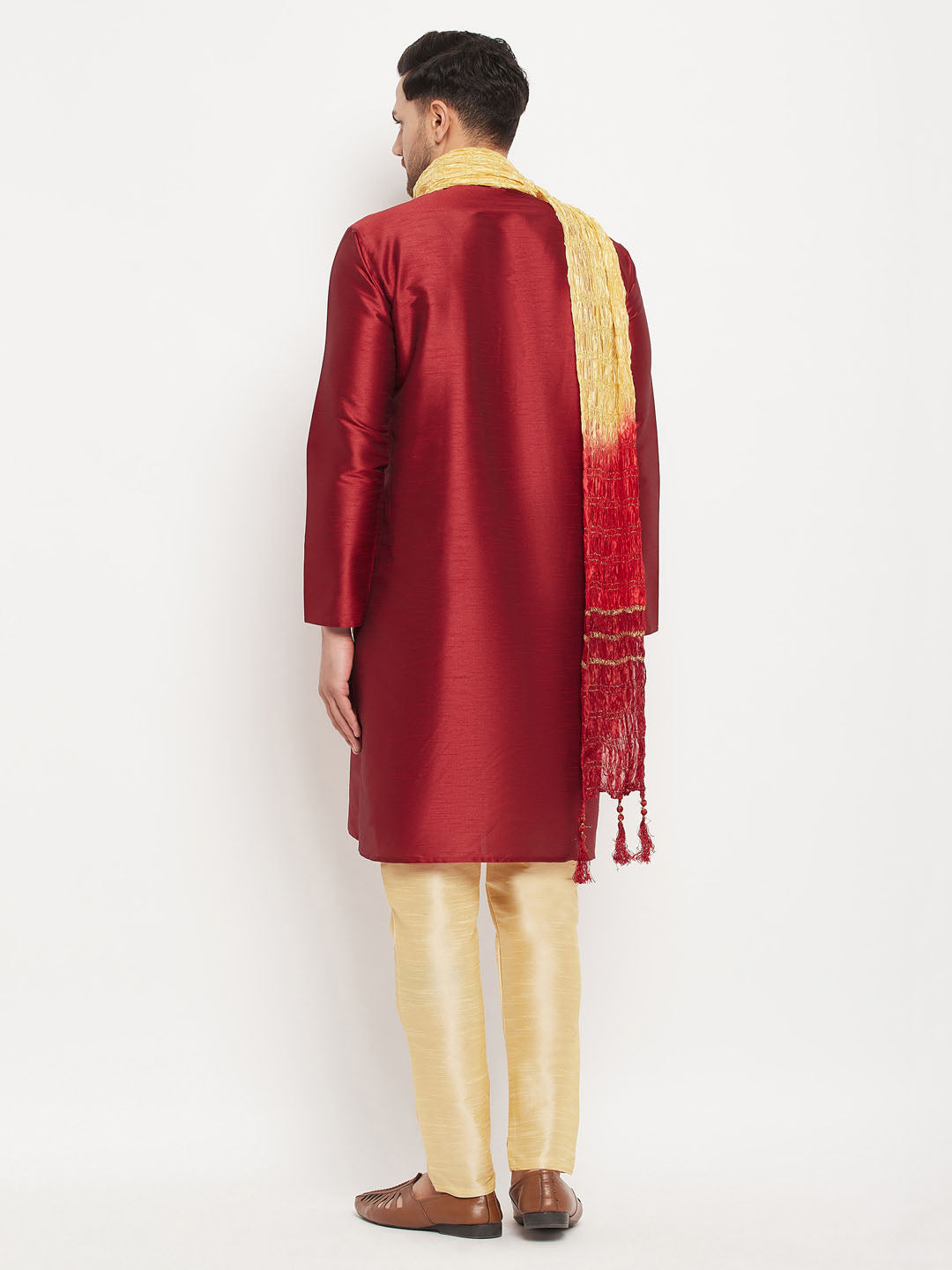 Men's Maroon And Gold Silk Blend Kurta Pyjama Set