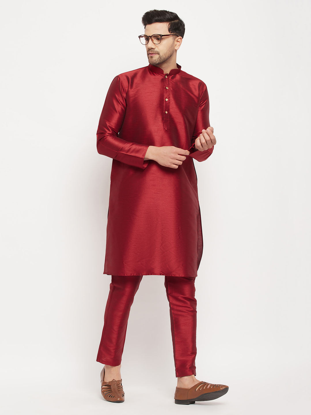 Men's Maroon Silk Blend Kurta Pyjama Set