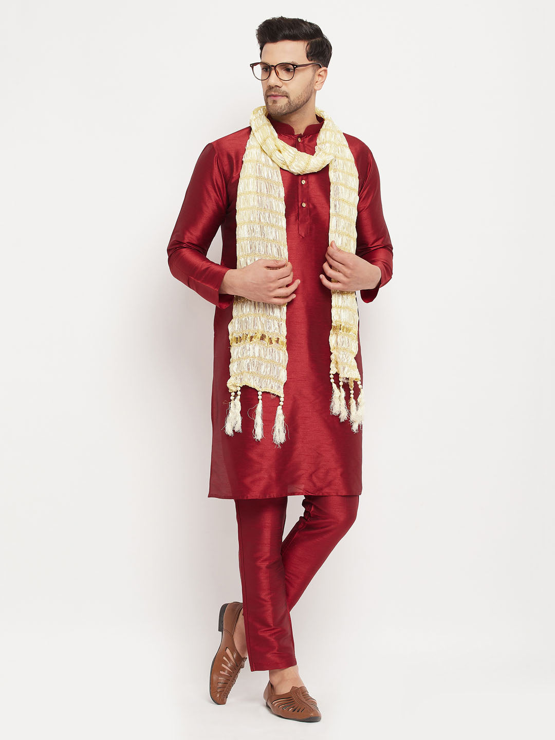 Men's Maroon Silk Blend Kurta, Pyjama & Dupatta Set