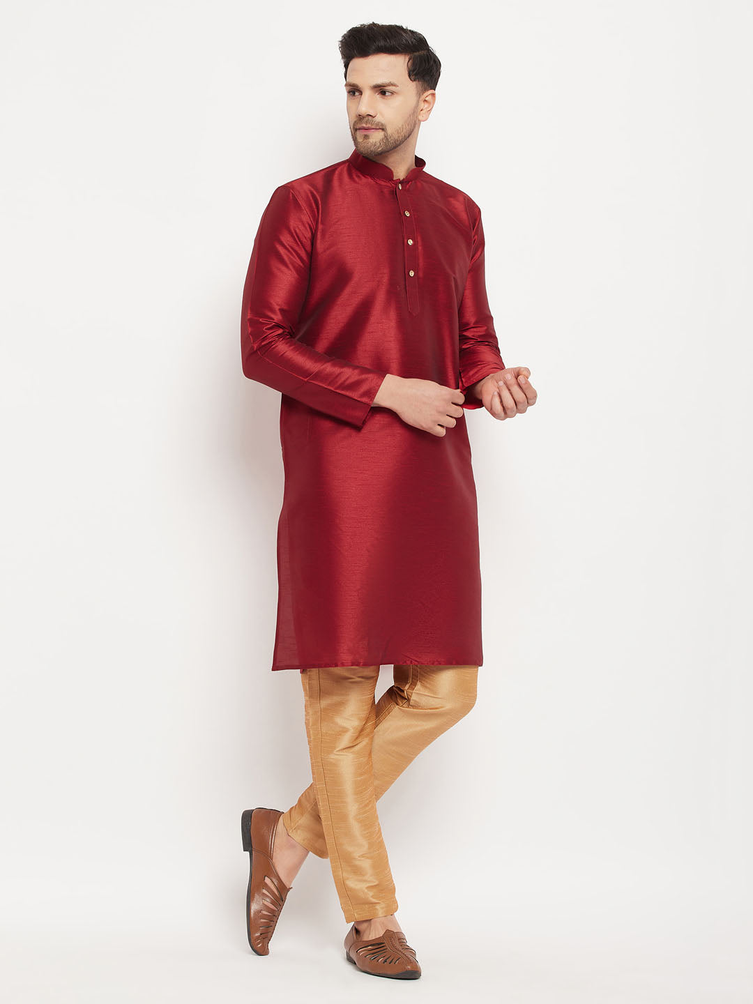 Men's Maroon And Rose Gold Silk Blend Kurta Pyjama Set