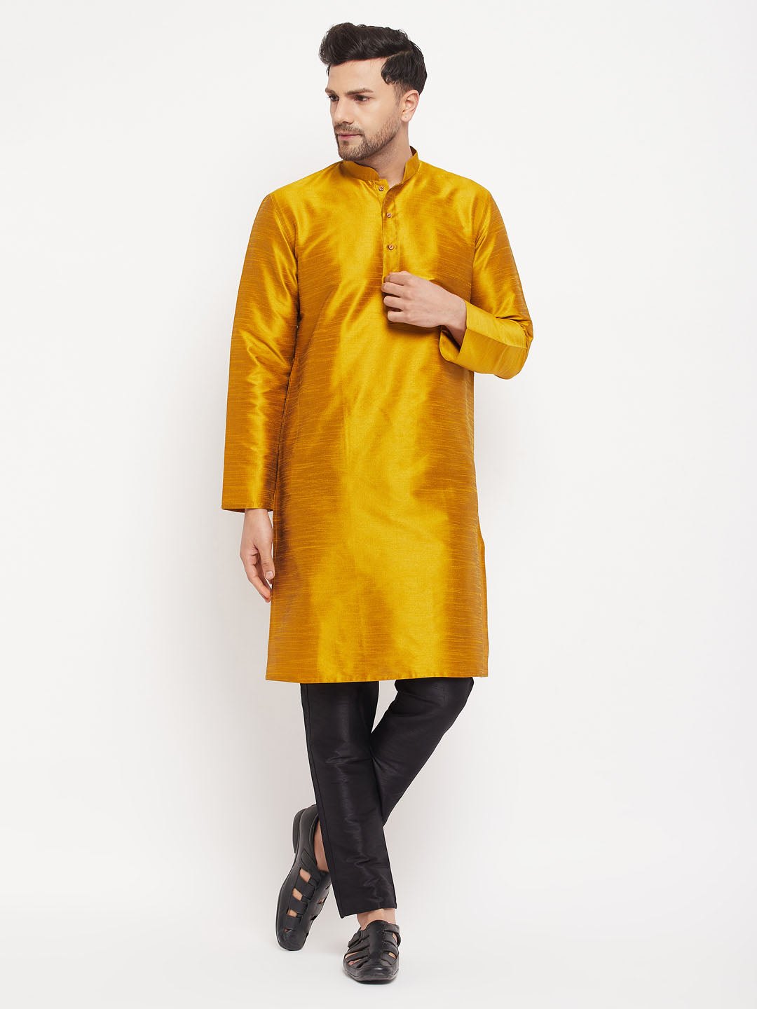 Men's Mustard And Black Silk Blend Kurta Pyjama Set