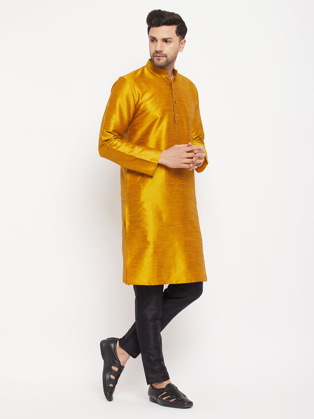 Men's Mustard And Black Silk Blend Kurta Pyjama Set