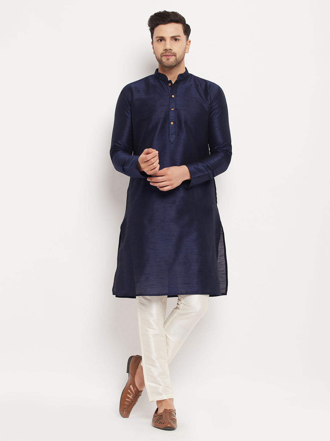 Men's Navy blue And Cream Silk Blend Kurta Pyjama Set