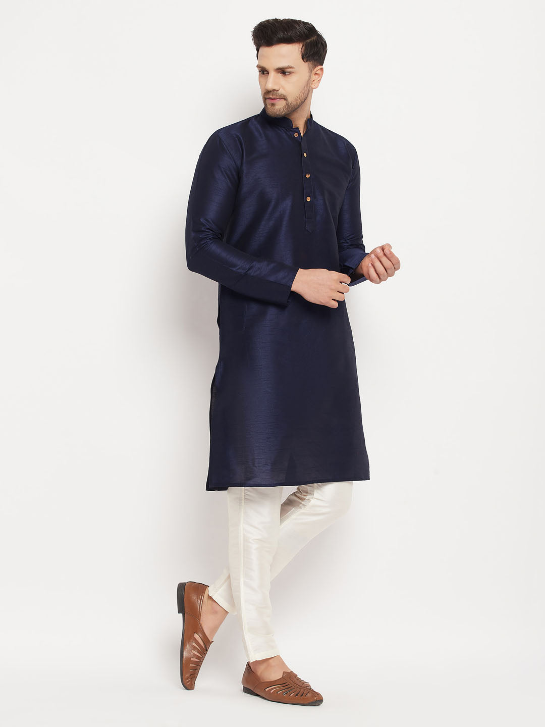 Men's Navy blue And Cream Silk Blend Kurta Pyjama Set