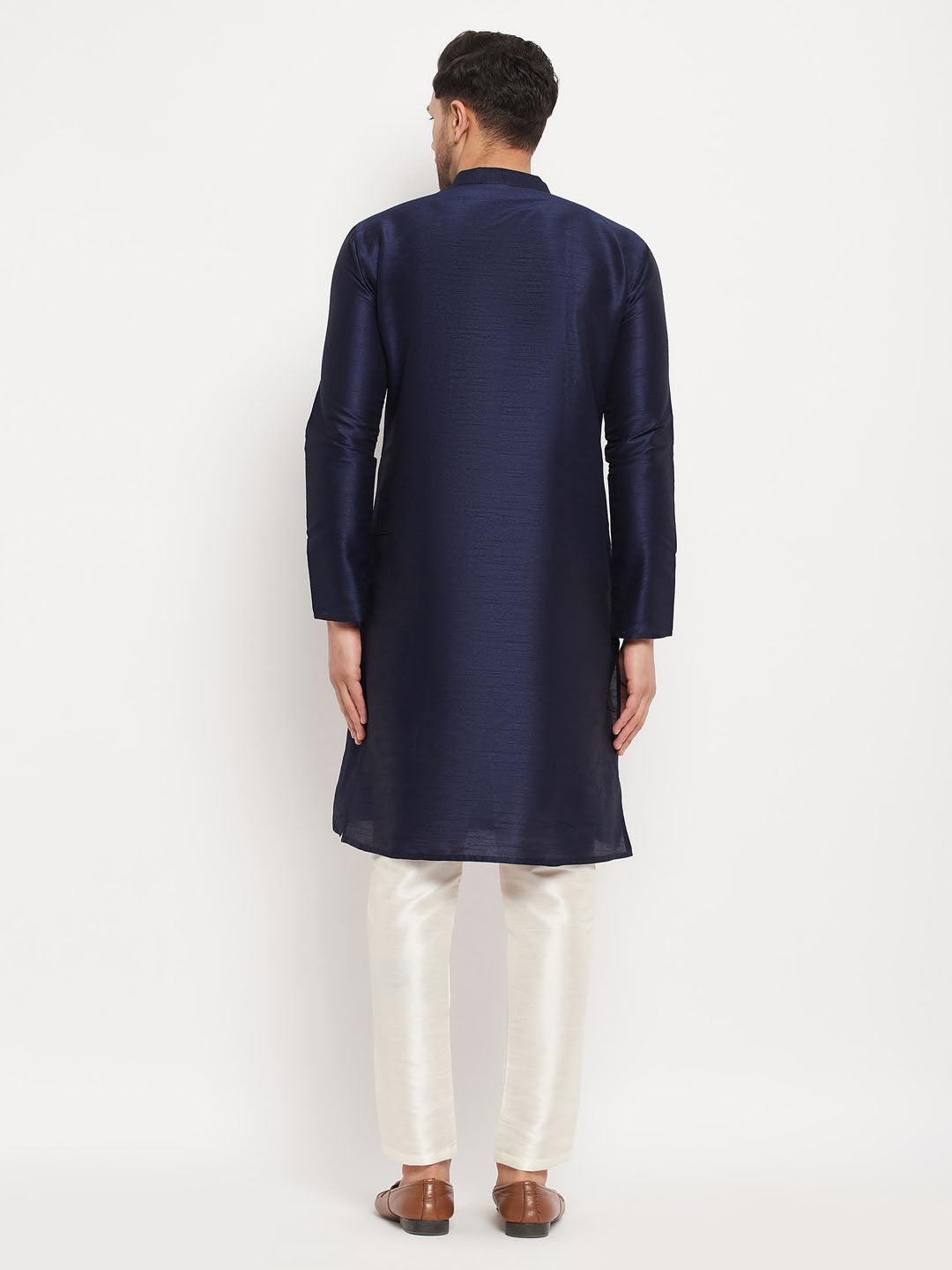 Men's Navy blue And Cream Silk Blend Kurta Pyjama Set