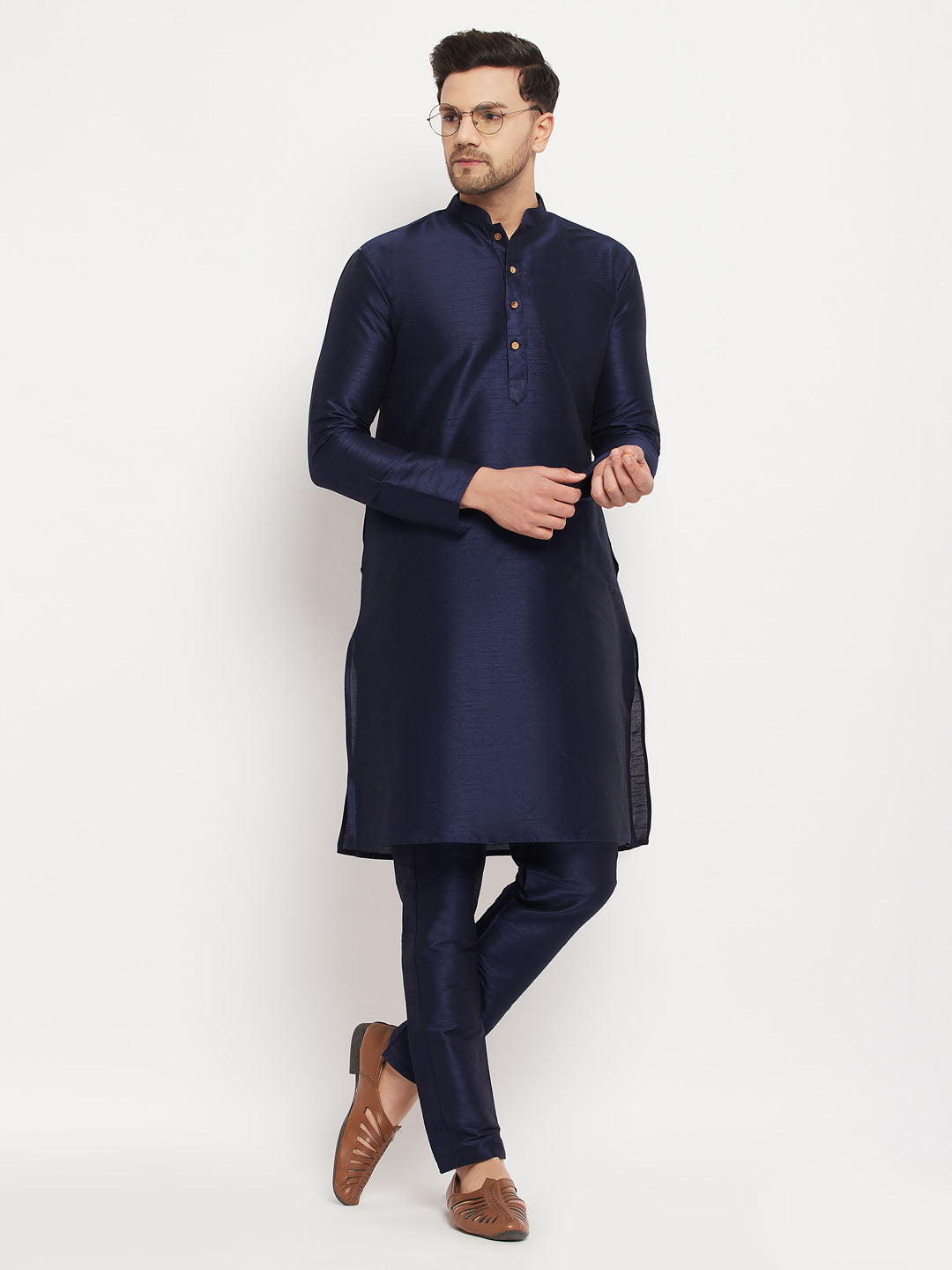 Men's Navy Blue Silk Blend Kurta Pyjama Set