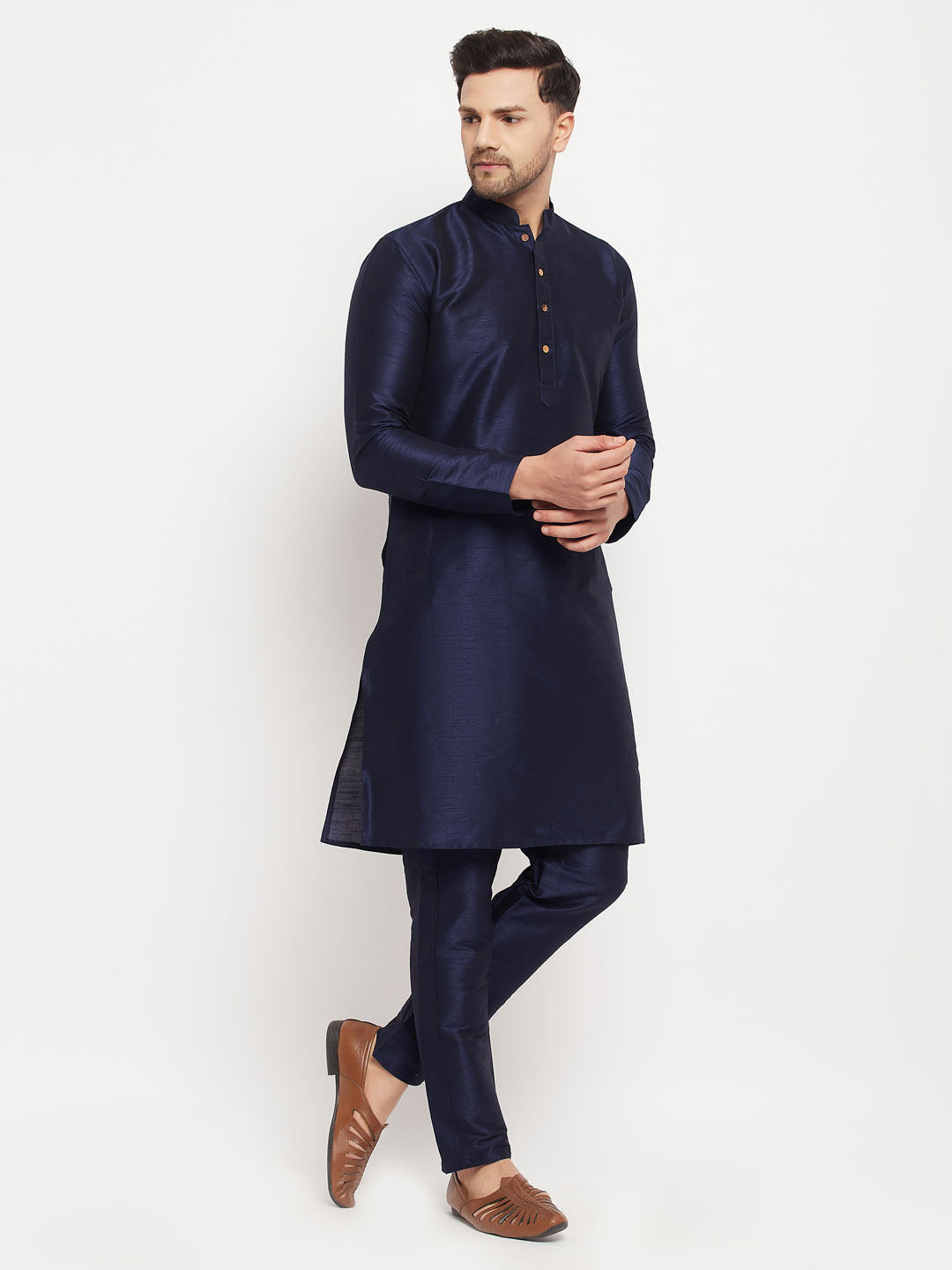 Men's Navy Blue Silk Blend Kurta Pyjama Set