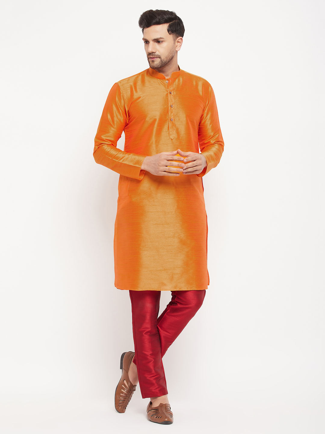 Men's Orange And Maroon Silk Blend Kurta Pyjama Set