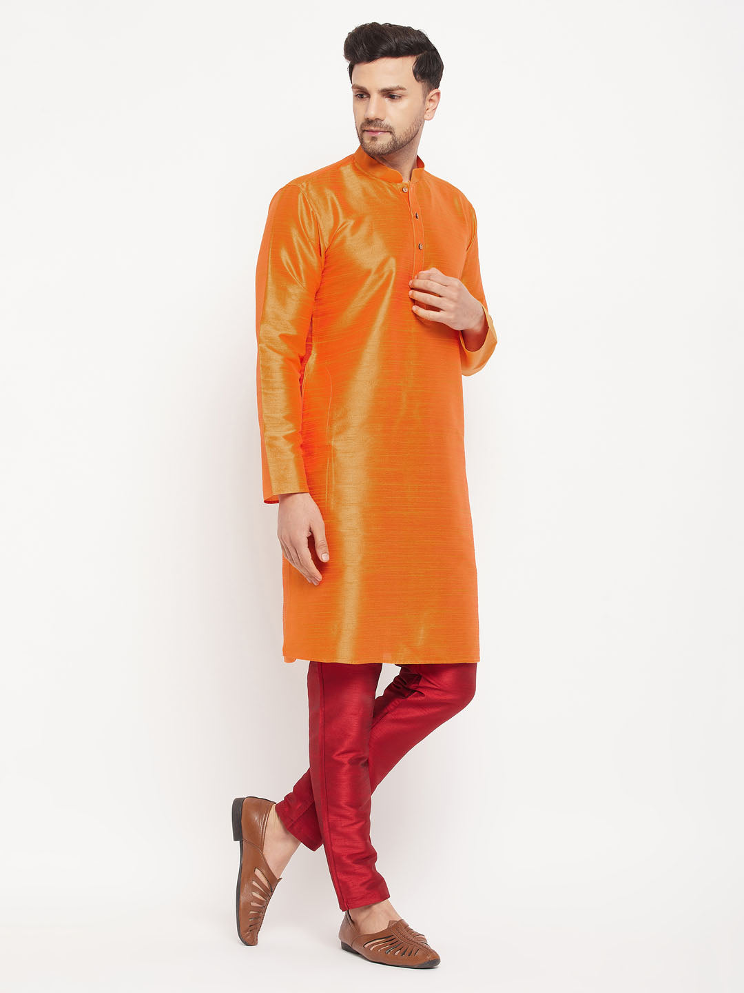 Men's Orange And Maroon Silk Blend Kurta Pyjama Set