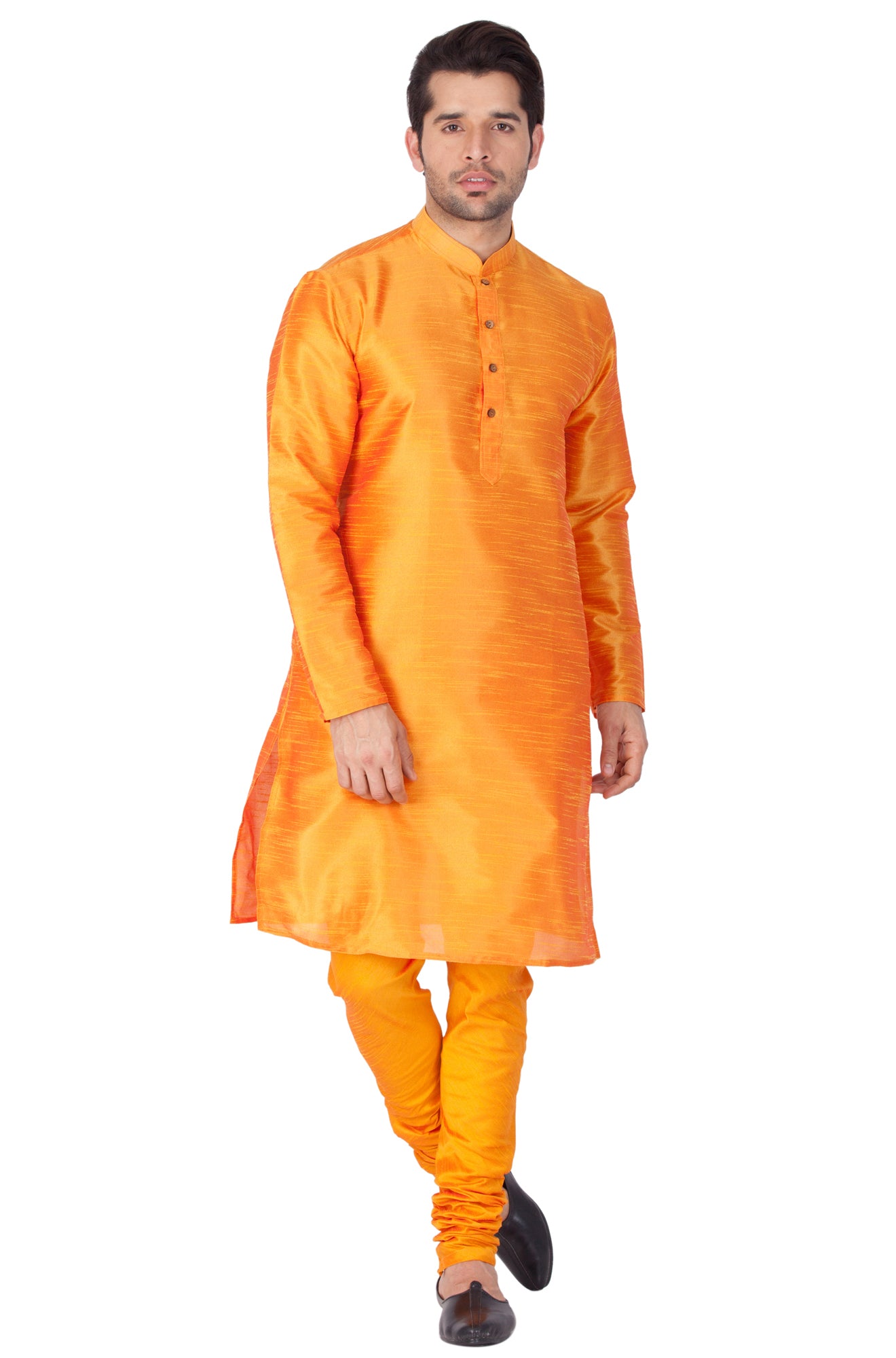 Men's Orange Silk Blend Kurta Pyjama Set