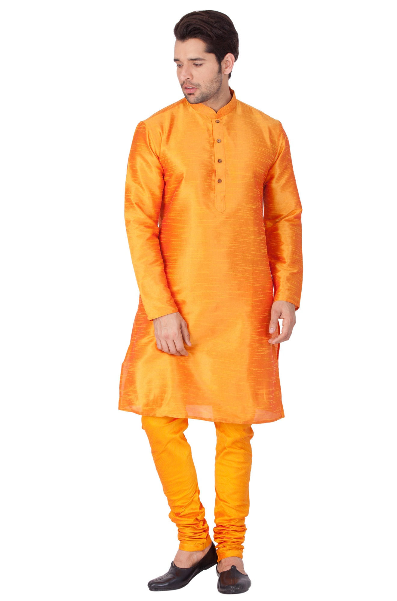 Men's Orange Silk Blend Kurta Pyjama Set