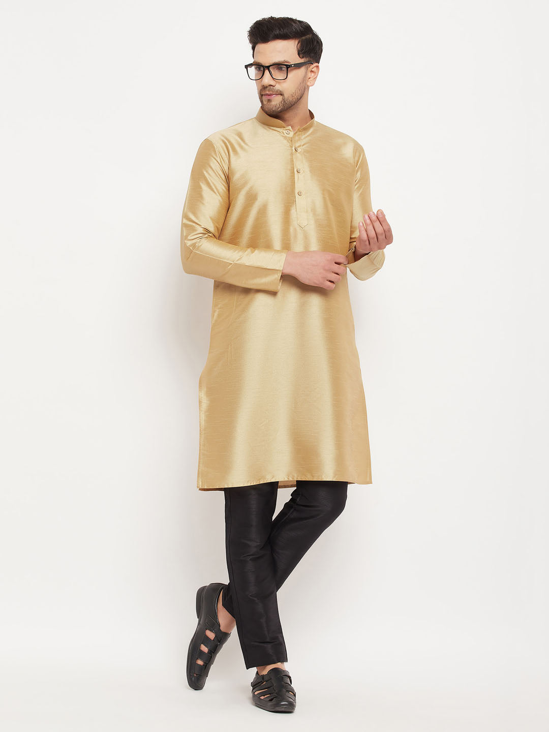 Men's Rose Gold And Black Silk Blend Kurta Pyjama Set