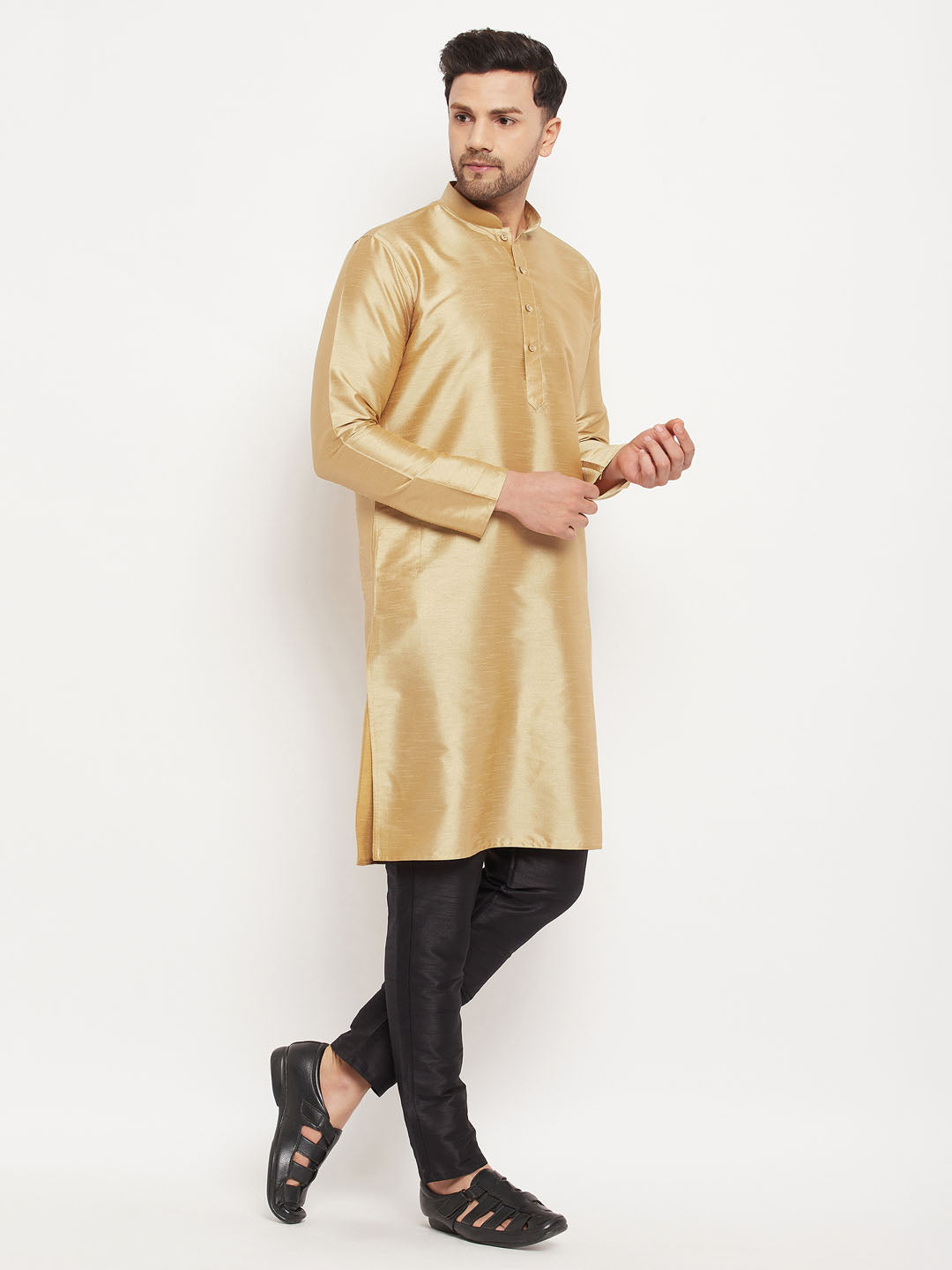 Men's Rose Gold And Black Silk Blend Kurta Pyjama Set