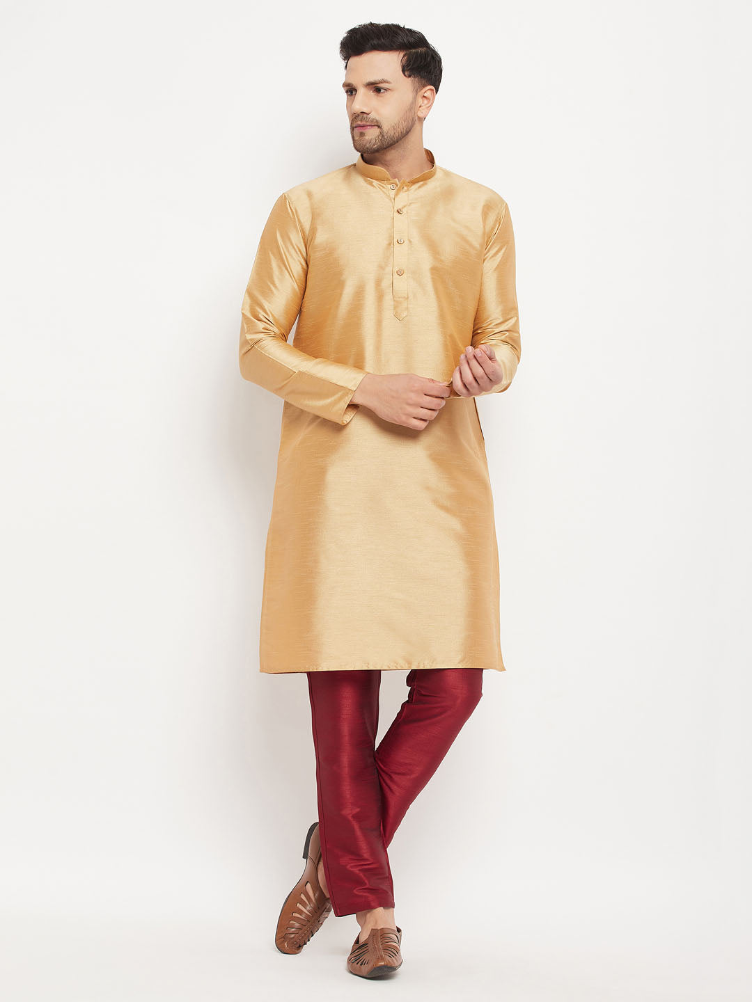 Men's Rose Gold And Maroon Silk Blend Kurta Pyjama Set