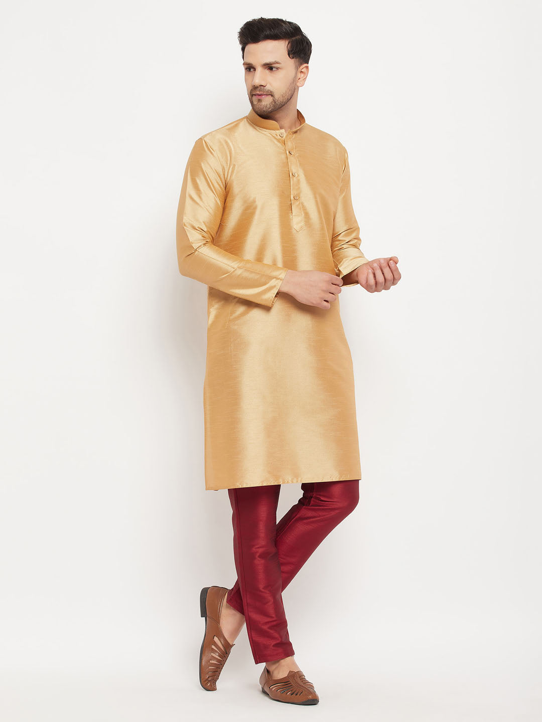 Men's Rose Gold And Maroon Silk Blend Kurta Pyjama Set