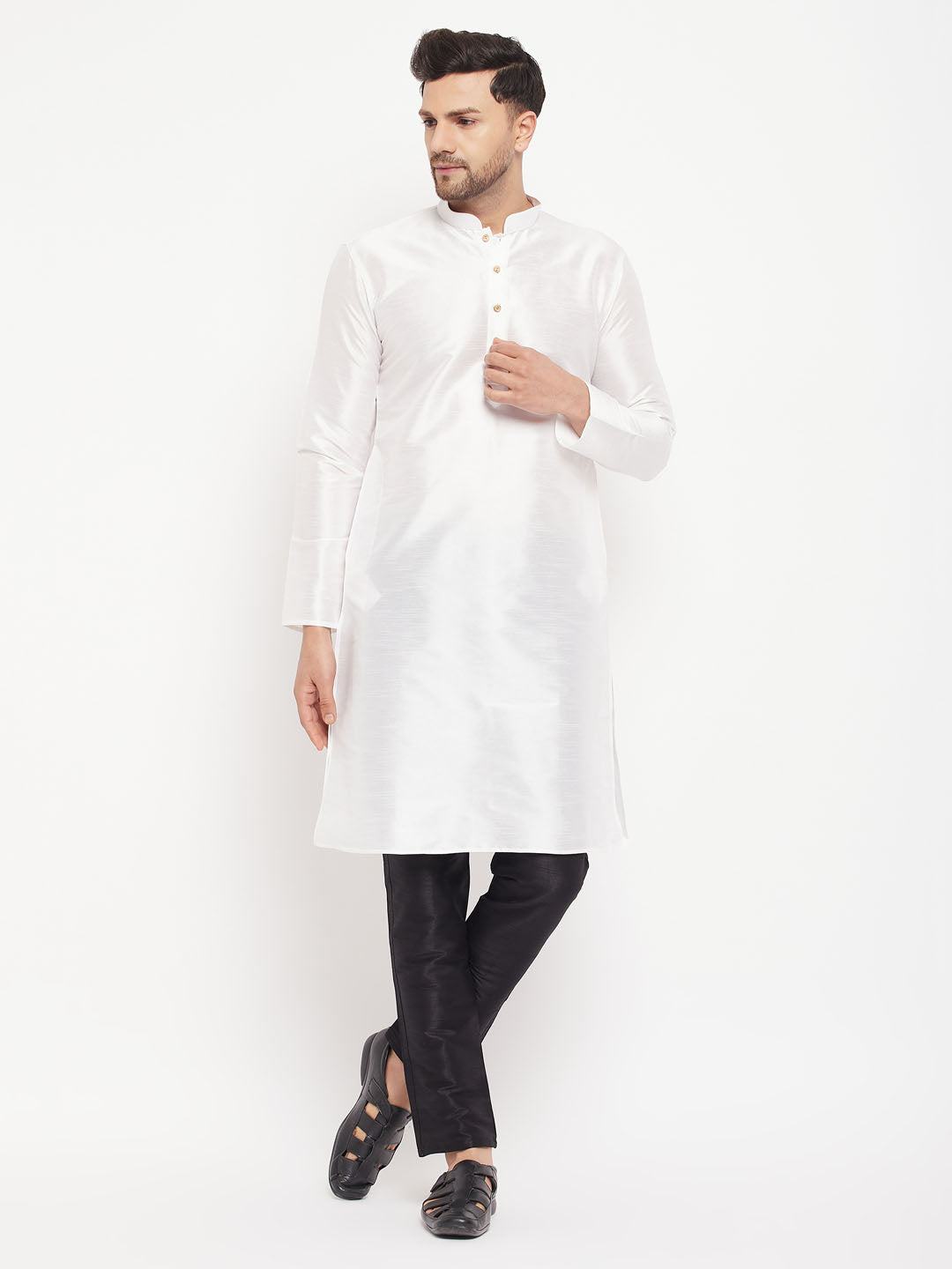 Men's White And Black Silk Blend Kurta Pyjama Set