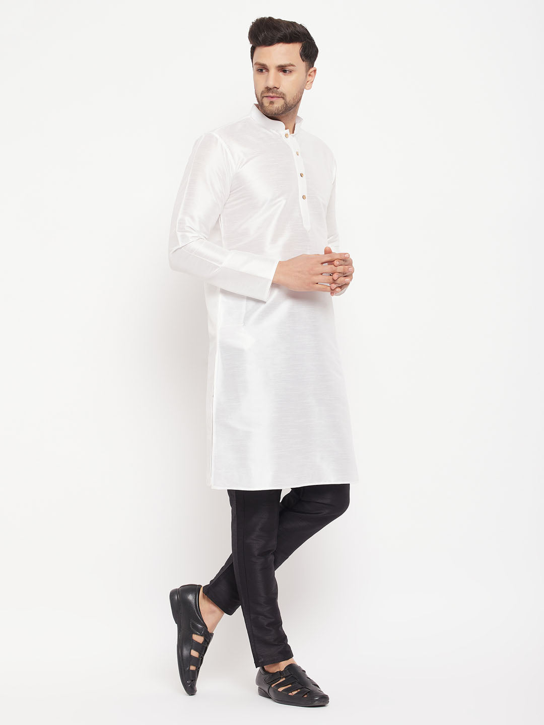 Men's White And Black Silk Blend Kurta Pyjama Set