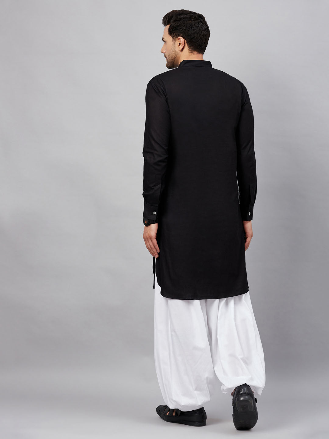 Men's Black Cotton Linen Blend Pathani Kurta Set