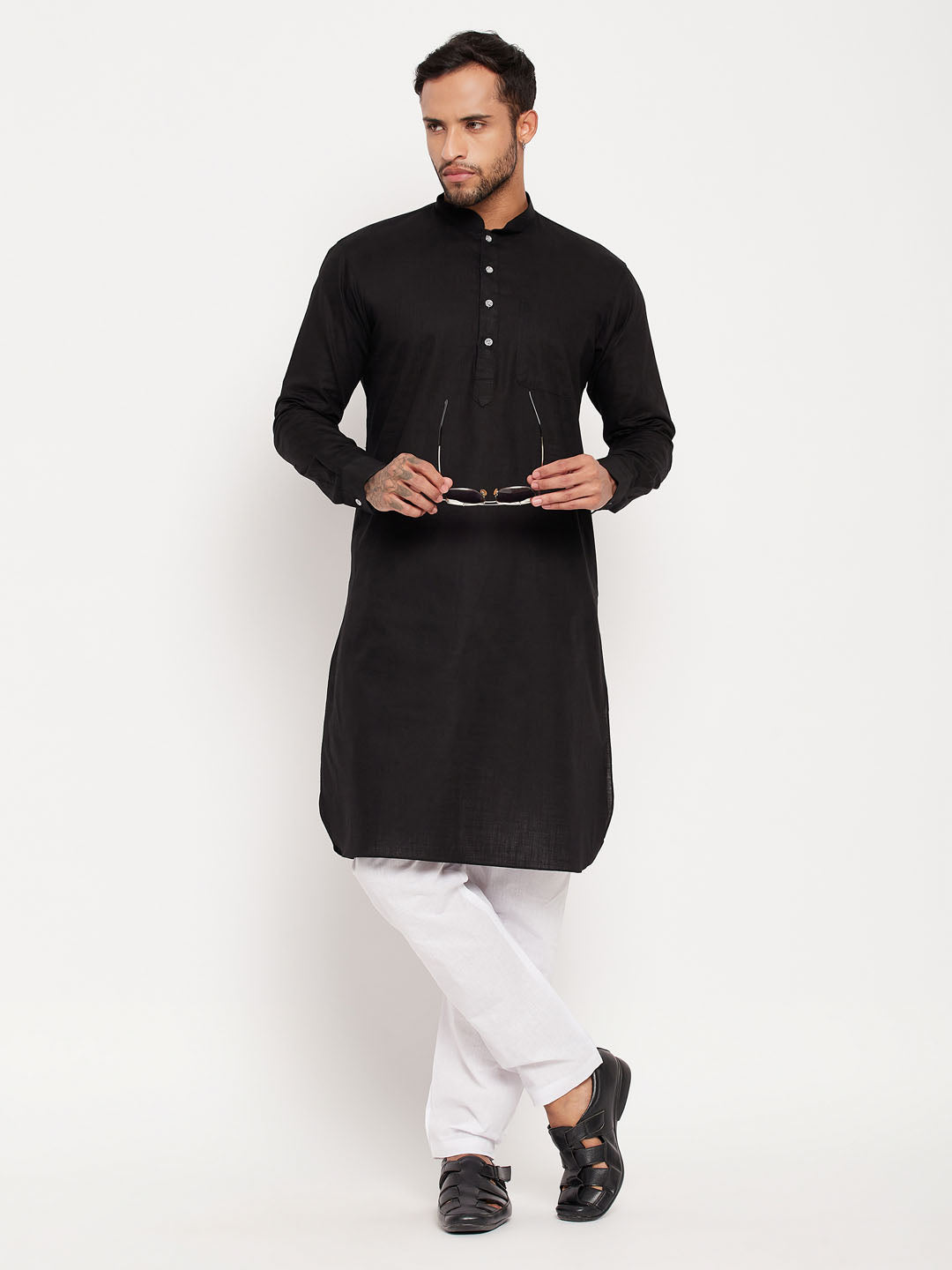 Men's Black Cotton Linen Kurta Pyjama Set