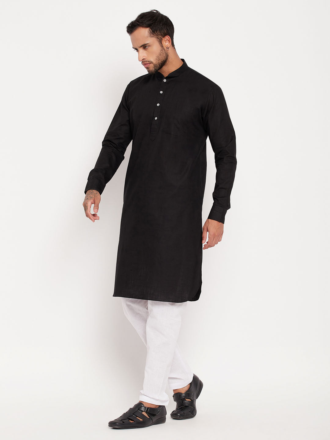 Men's Black Cotton Linen Kurta Pyjama Set