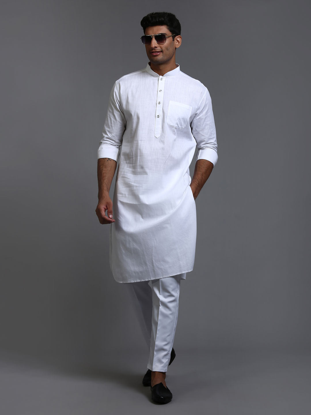 Men's White Cotton Blend Kurta Pyjama Set