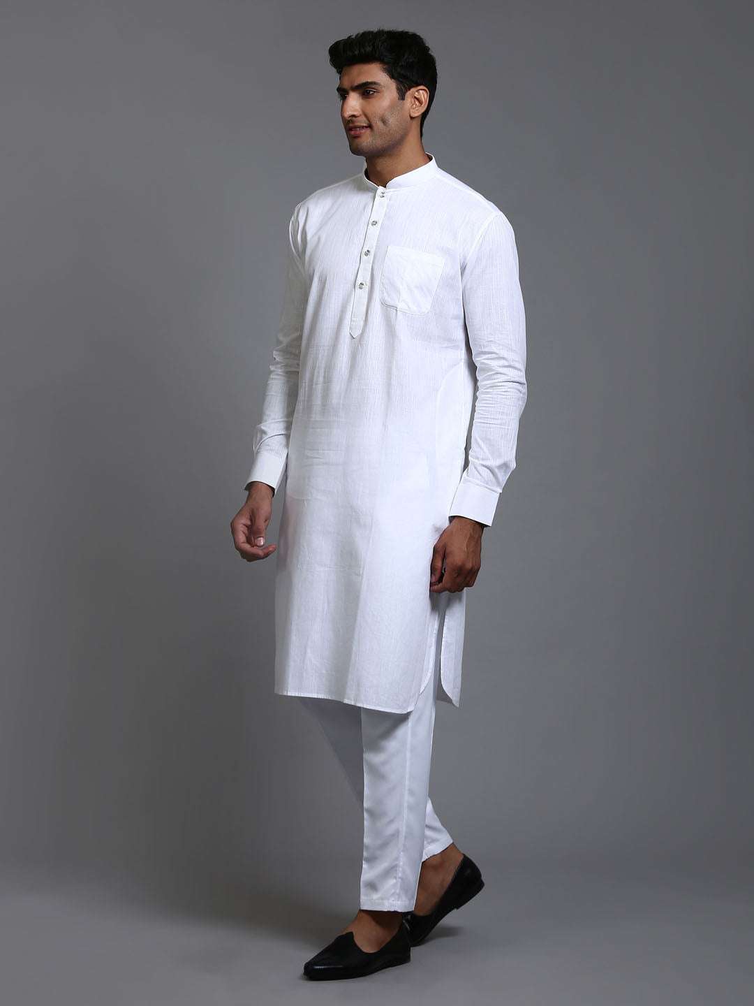 Men's White Cotton Blend Kurta Pyjama Set