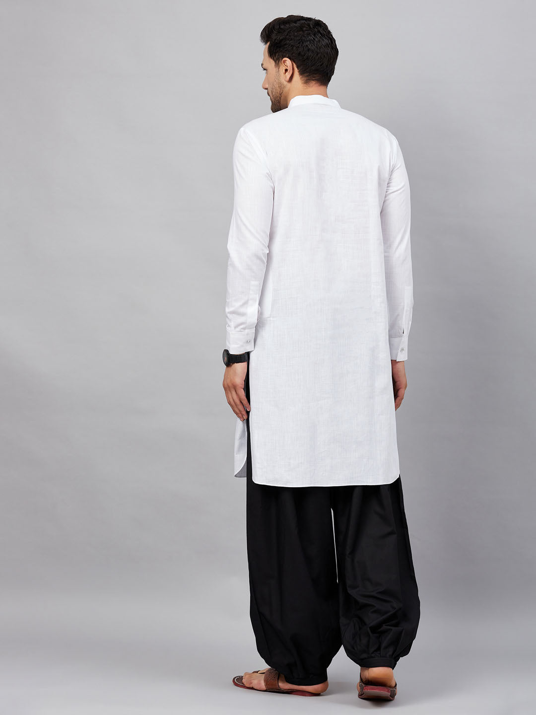 Men's White Cotton Linen Blend Pathani Kurta Set