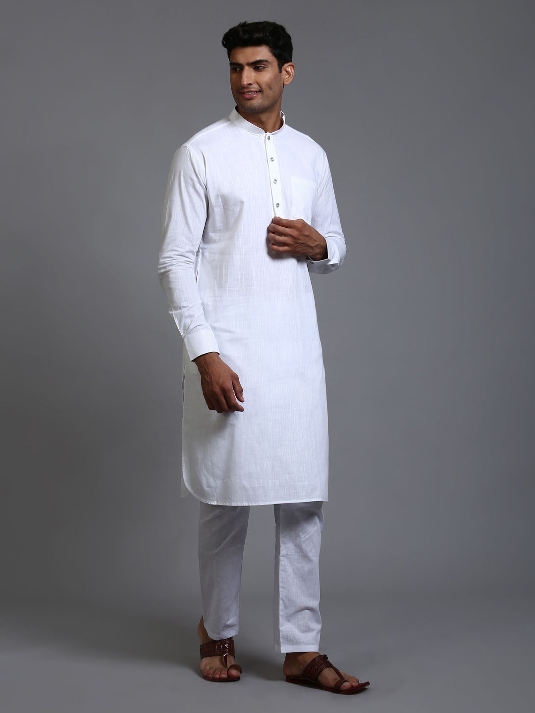 Men's White Cotton Linen Kurta Pyjama Set