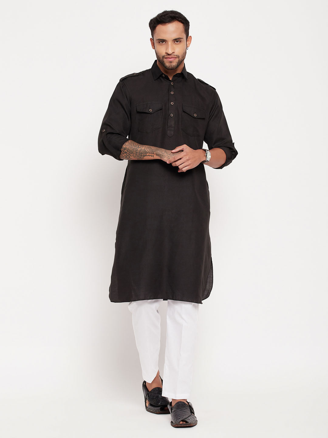 Men's Black And White Cotton Blend Kurta Pyjama Set