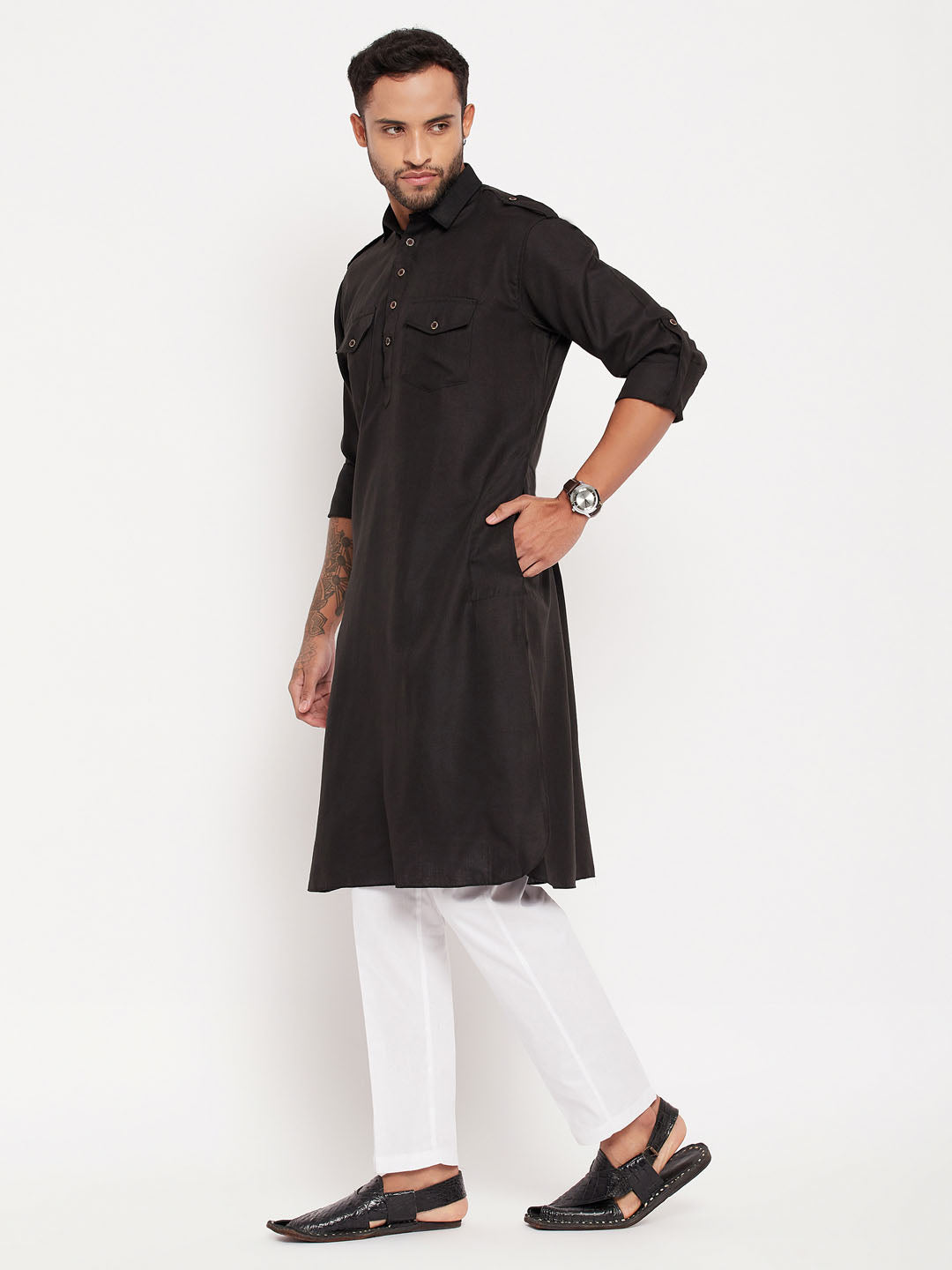 Men's Black And White Cotton Blend Kurta Pyjama Set