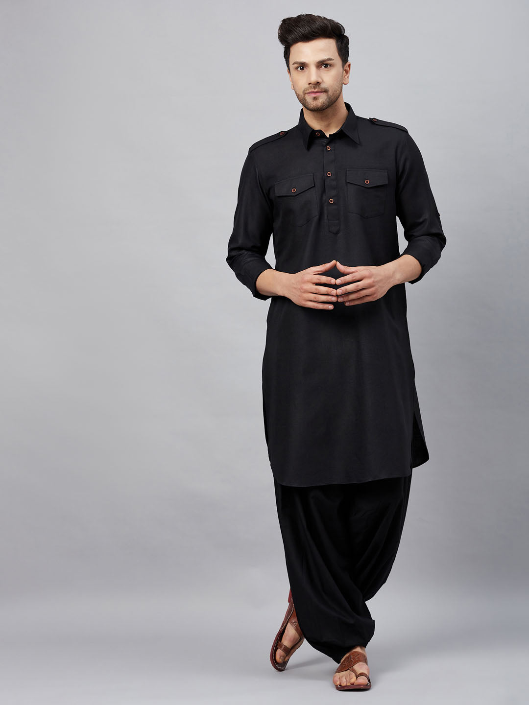 Men's Black Cotton Blend Kurta And Patiala Set