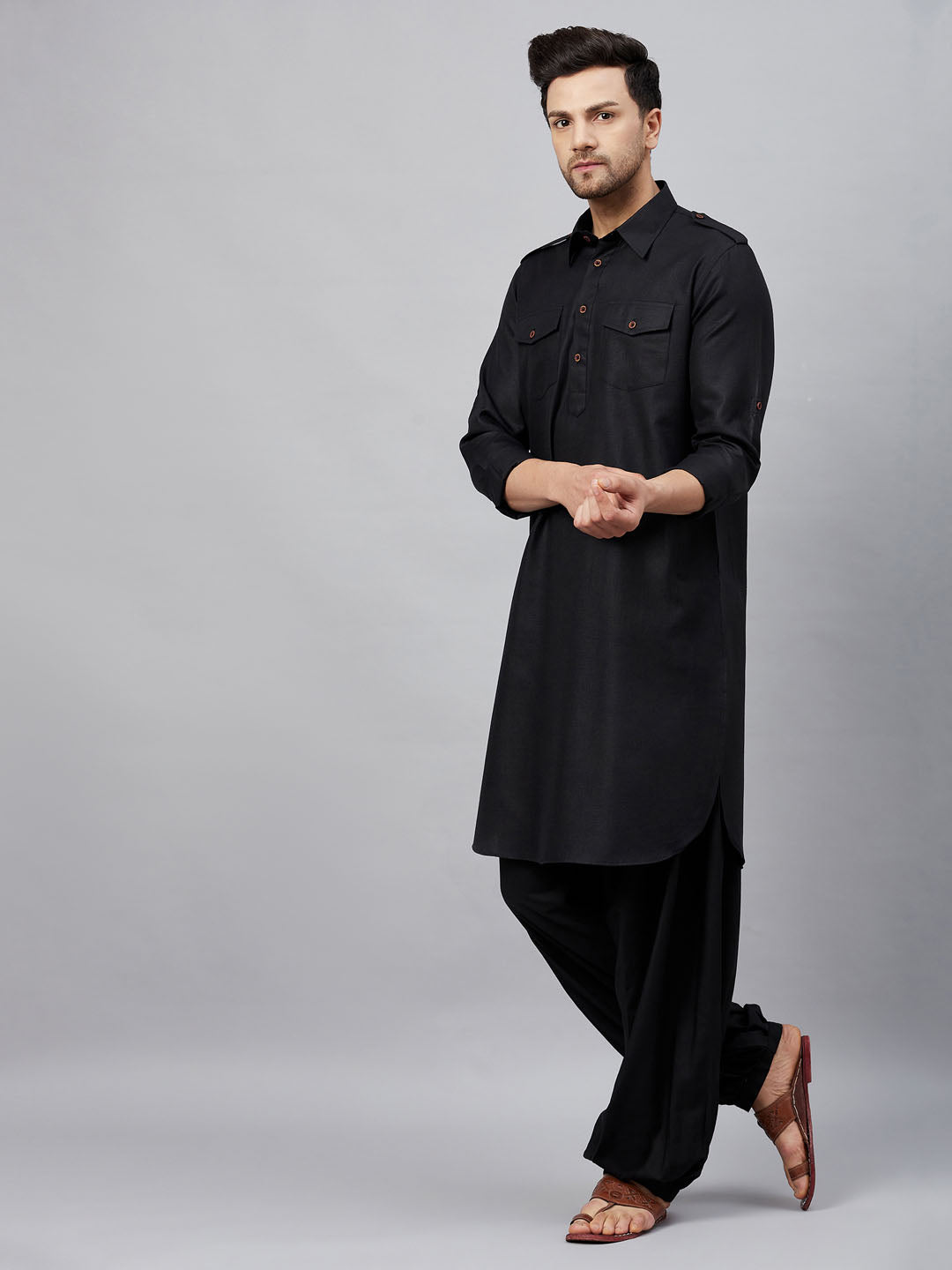 Men's Black Cotton Blend Kurta And Patiala Set