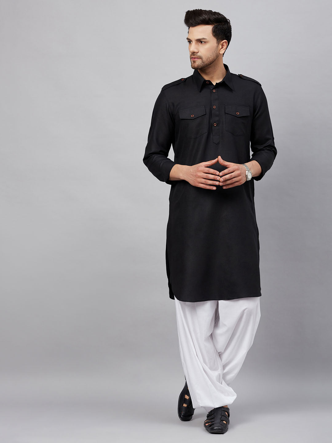 Men's Black And White Cotton Blend Kurta And Patiala Set