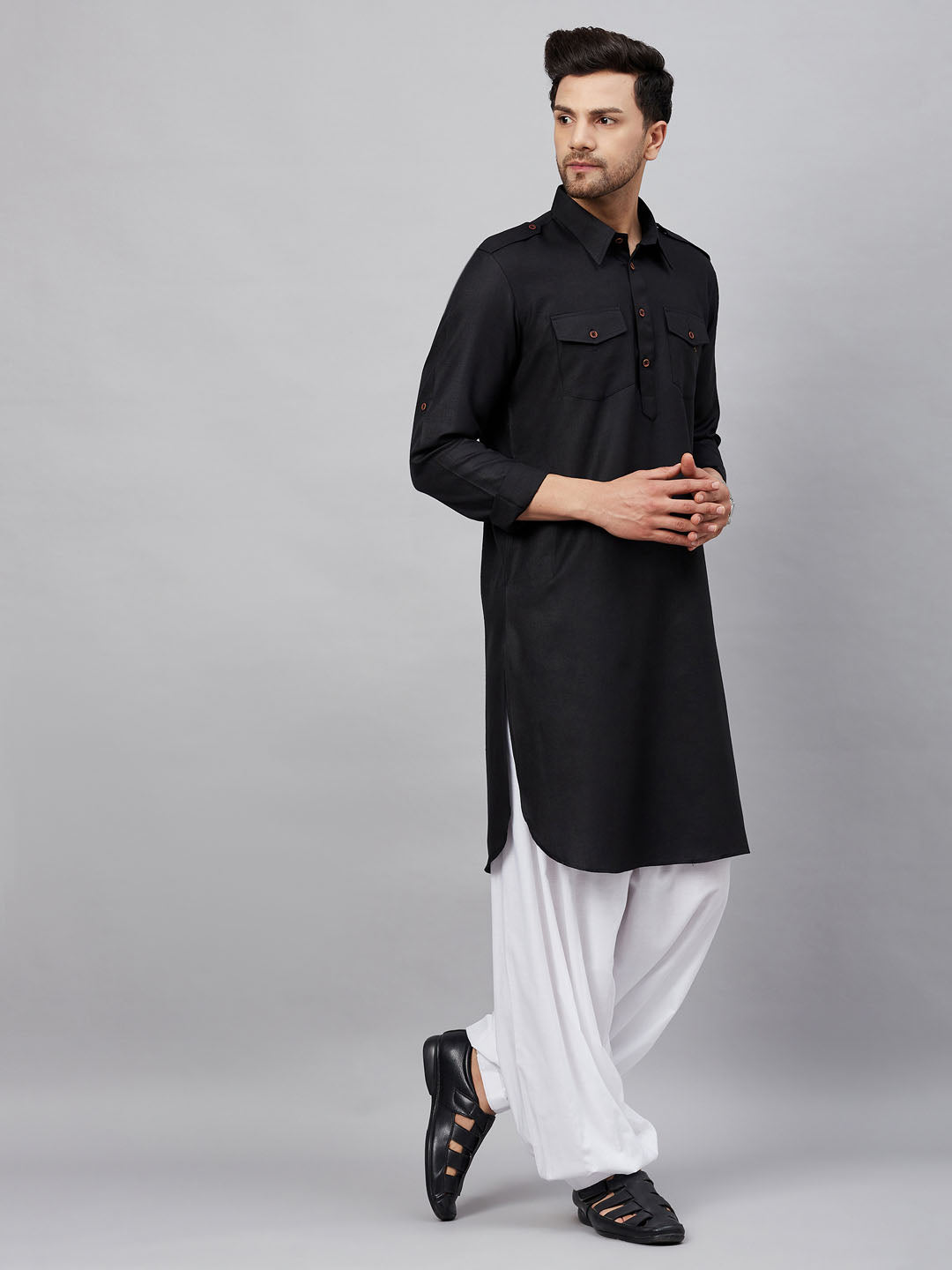 Men's Black And White Cotton Blend Kurta And Patiala Set