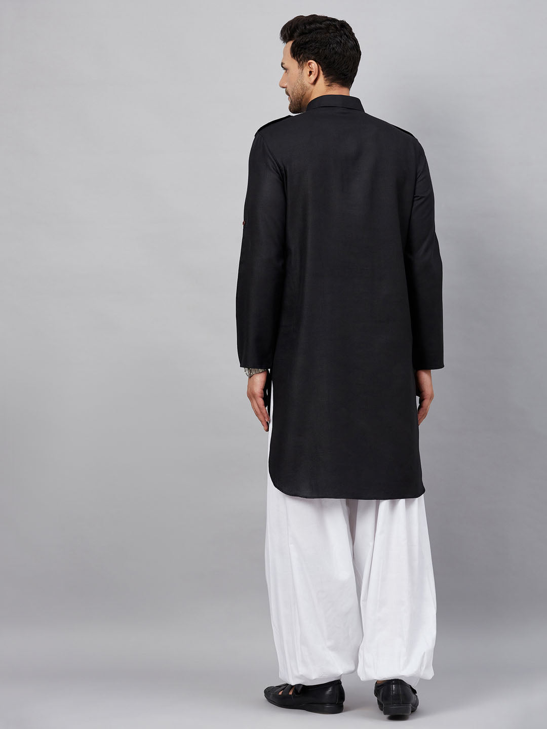 Men's Black And White Cotton Blend Kurta And Patiala Set