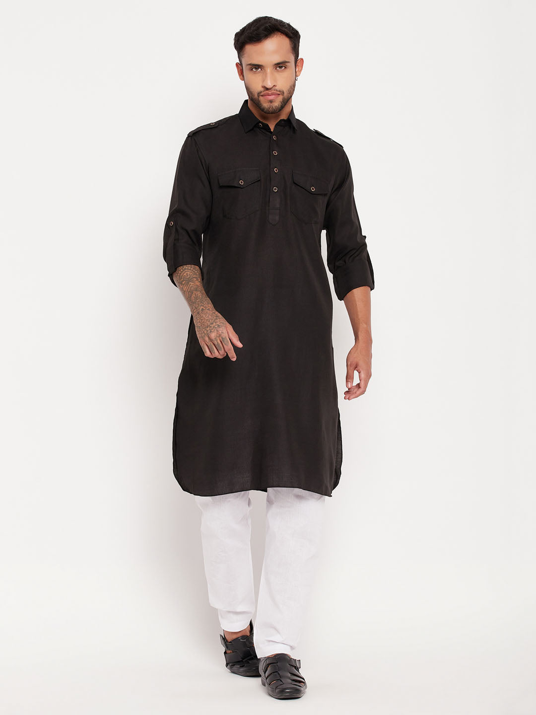 Men's Black And White Cotton Blend Kurta Pyjama Set