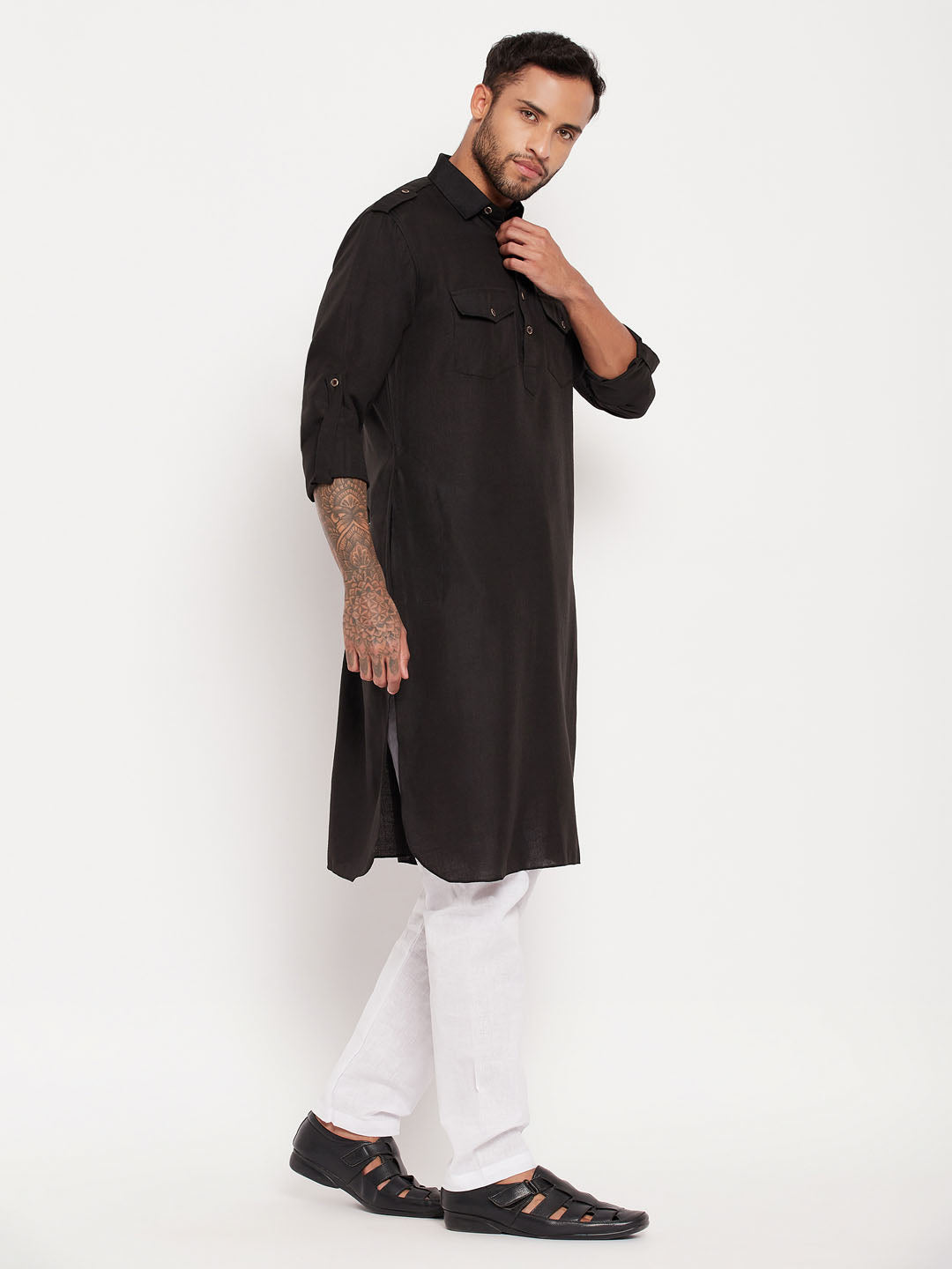 Men's Black And White Cotton Blend Kurta Pyjama Set