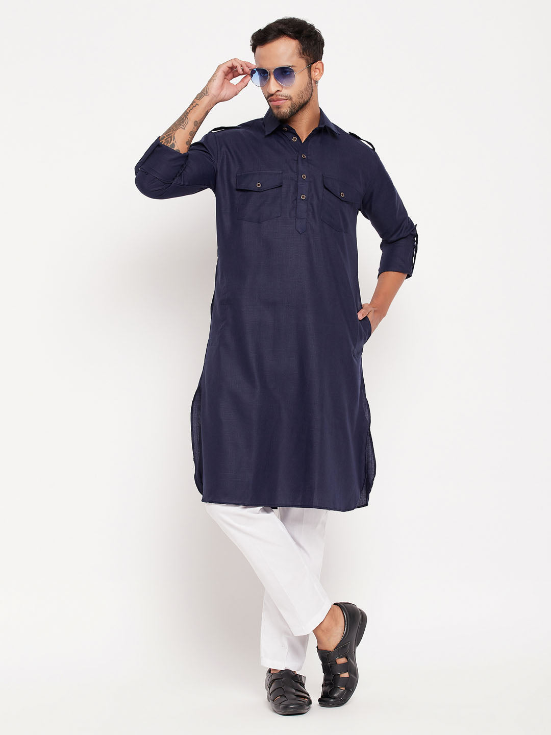 Men's Blue And White Cotton Blend Kurta Pyjama Set